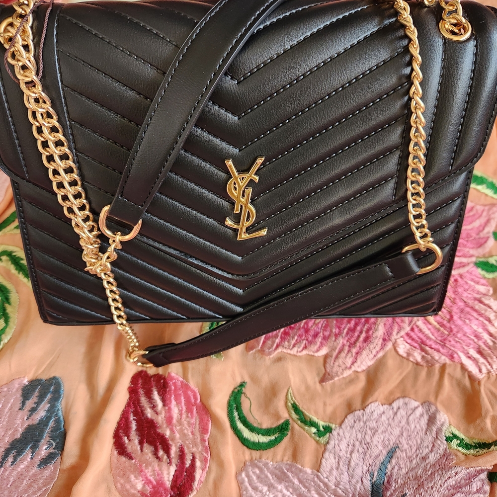 NEW Yves Saint Laurent Chevron Black Shoulder Bag with Gold Details - Picture 2 of 4